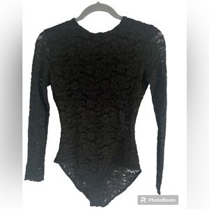 Women’s stretch, black lace, long sleeved bodysuit. Size S